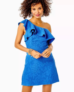 Kipton One-Shoulder Romper - Blue Tang Pineapple Pucker Jacquard