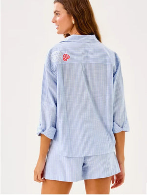 Bondi Button Down Shirt - Jacaranda Blue Beach Day Embroidered
