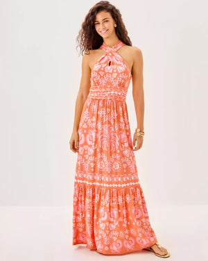 Montecito Halter Maxi Dress - Papaya Breezy Palm Engineered Maxi Dress