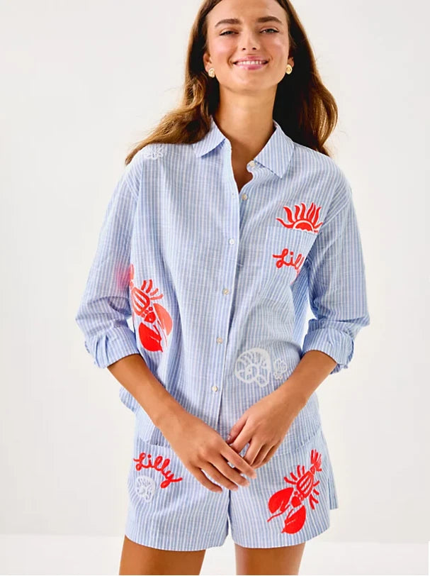 Bondi Button Down Shirt - Jacaranda Blue Beach Day Embroidered