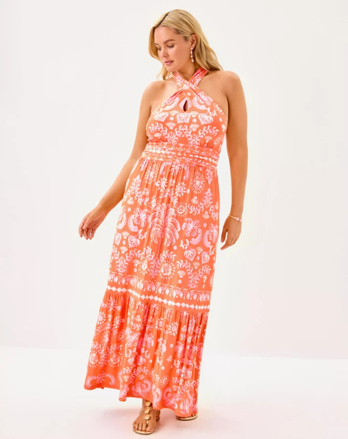 Montecito Halter Maxi Dress - Papaya Breezy Palm Engineered Maxi Dress