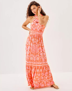 Montecito Halter Maxi Dress - Papaya Breezy Palm Engineered Maxi Dress