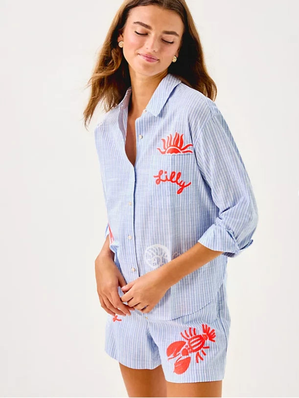 Bondi Button Down Shirt - Jacaranda Blue Beach Day Embroidered