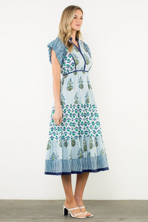 Flutter Sleeve Floral Maxi Dress - Blue