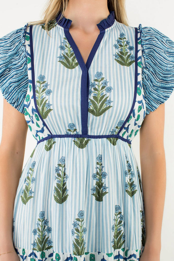 Flutter Sleeve Floral Maxi Dress - Blue