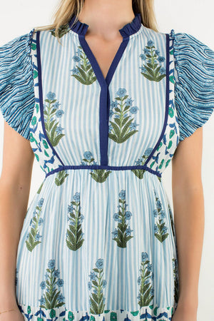 Flutter Sleeve Floral Maxi Dress - Blue