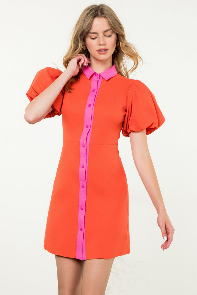 Puff Sleeve Button Up Dress - Orange/Pink