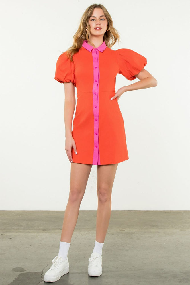 Puff Sleeve Button Up Dress - Orange/Pink