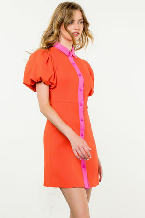 Puff Sleeve Button Up Dress - Orange/Pink