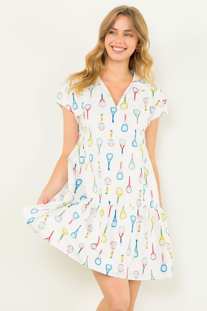 Racket Print Dress - White