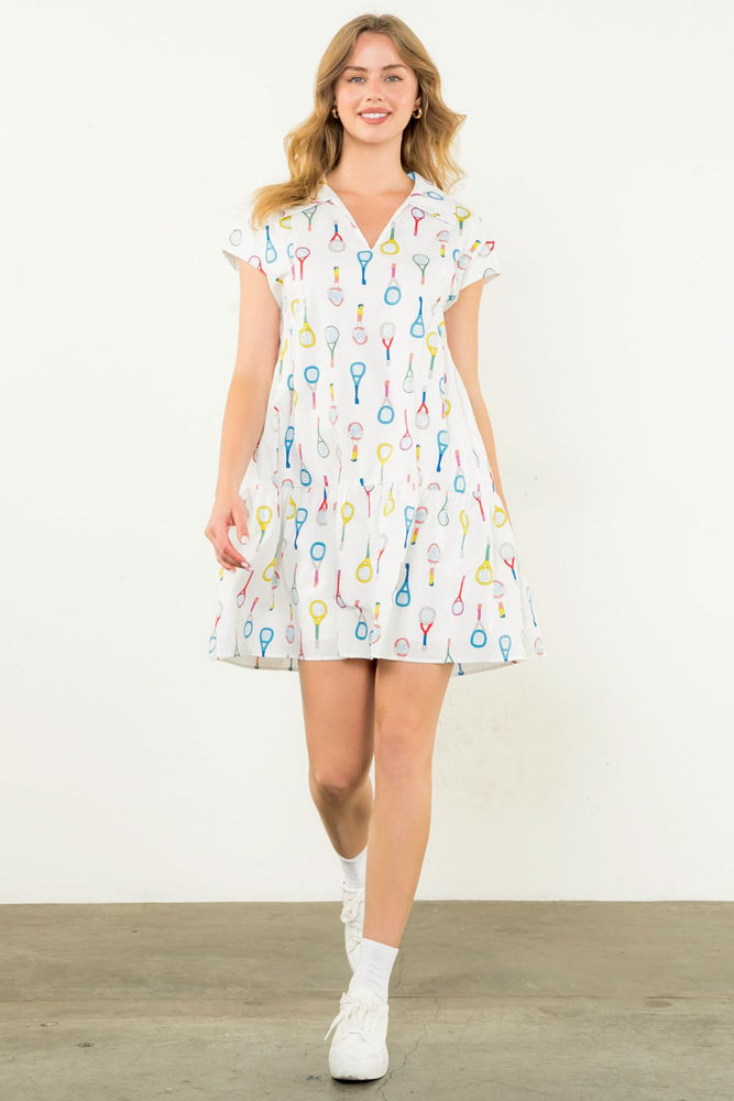 Racket Print Dress - White