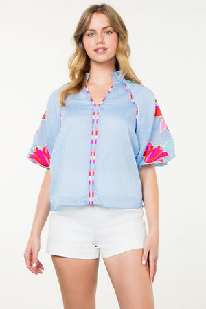 Embroidered Puff Sleeve Striped Top - Blue