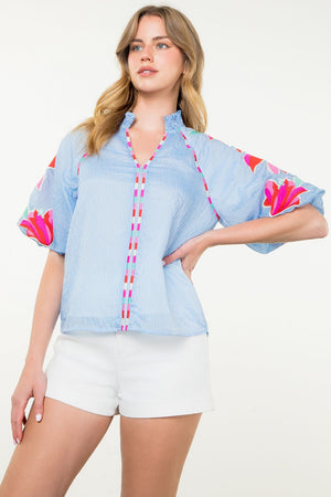 Embroidered Puff Sleeve Striped Top - Blue