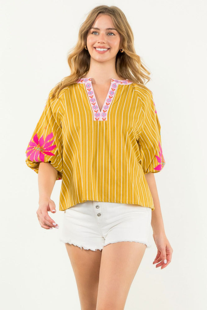 Puff Sleeve Floral Embroidered Top - Mustard Yellow/Multi