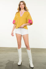 Puff Sleeve Floral Embroidered Top - Mustard Yellow/Multi