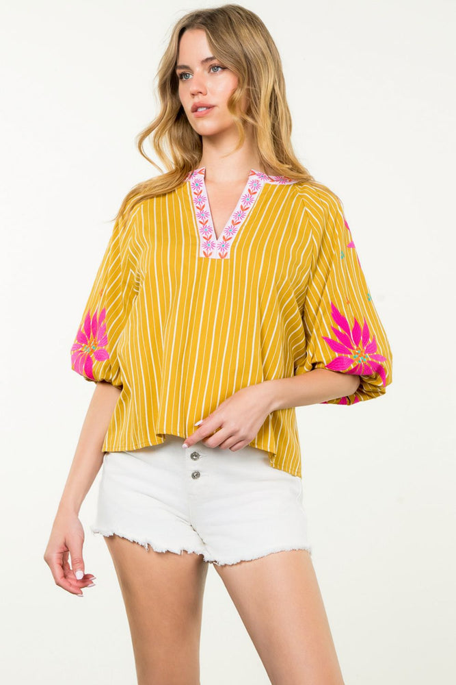 Puff Sleeve Floral Embroidered Top - Mustard Yellow/Multi