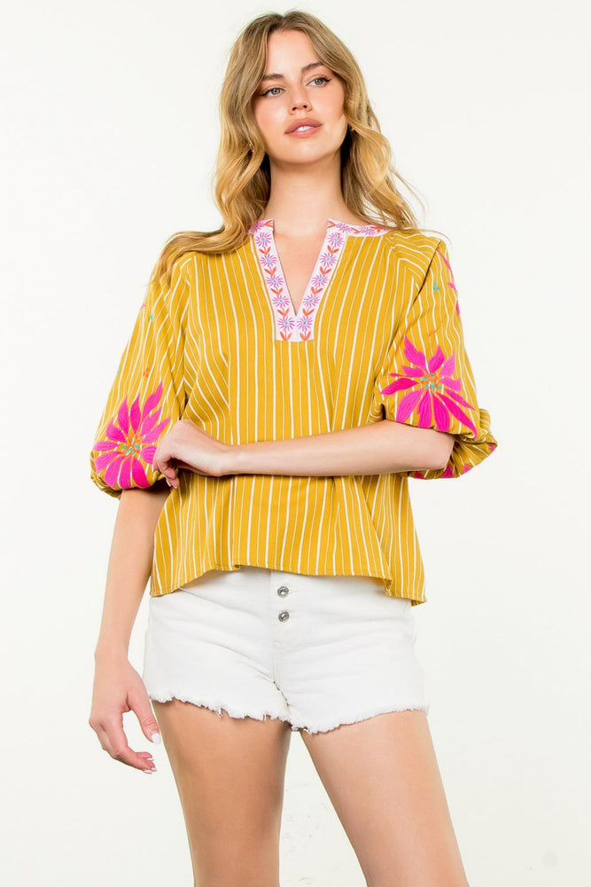 Puff Sleeve Floral Embroidered Top - Mustard Yellow/Multi