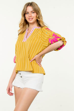 Puff Sleeve Floral Embroidered Top - Mustard Yellow/Multi