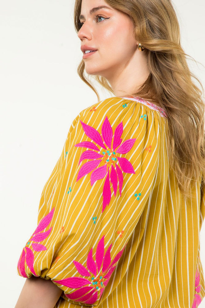 Puff Sleeve Floral Embroidered Top - Mustard Yellow/Multi