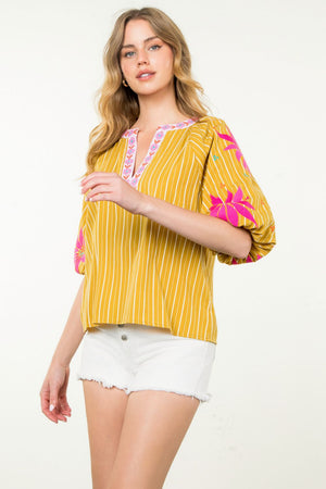 Puff Sleeve Floral Embroidered Top - Mustard Yellow/Multi