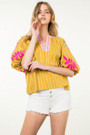 Puff Sleeve Floral Embroidered Top - Mustard Yellow/Multi