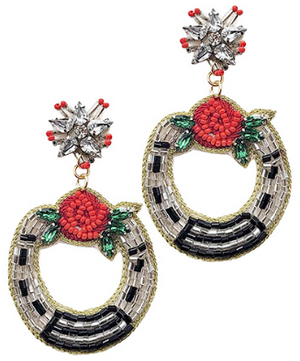 
            
                Load image into Gallery viewer, Beaded Horseshoe Earrings - Silver/Red
            
        