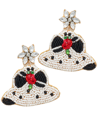 Beaded Fashion Hat Flower Earrings - White/Black