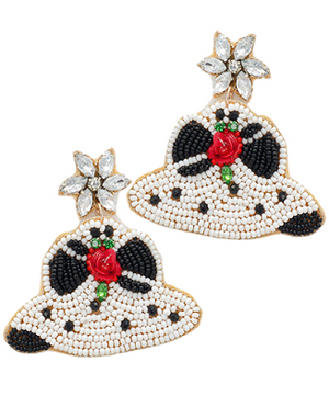 
            
                Load image into Gallery viewer, Beaded Fashion Hat Flower Earrings - White/Black
            
        