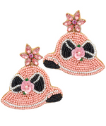 Beaded Fashion Hat Flower Earrings - Pink/Black