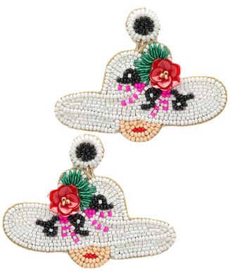 
            
                Load image into Gallery viewer, Seed Bead Lady In Hat Earrings - White/Multi
            
        