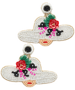 Seed Bead Lady In Hat Earrings - White/Multi