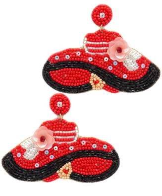 Seed Bead Lady In Hat Earrings - Red/Multi