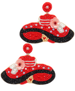 Seed Bead Lady In Hat Earrings - Red/Multi